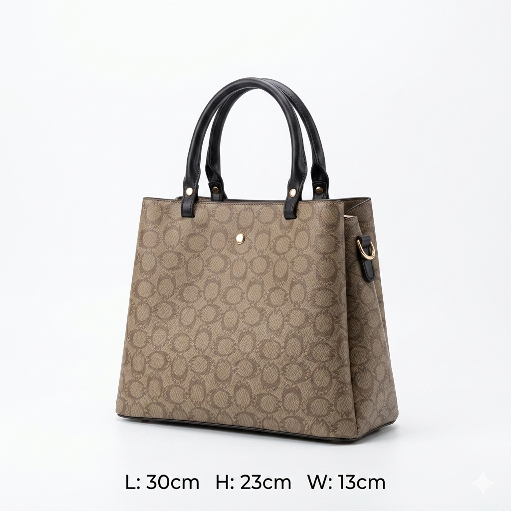 Elegant Monogram Tote Bag for Women – Beige & Brown Shoulder Handbag