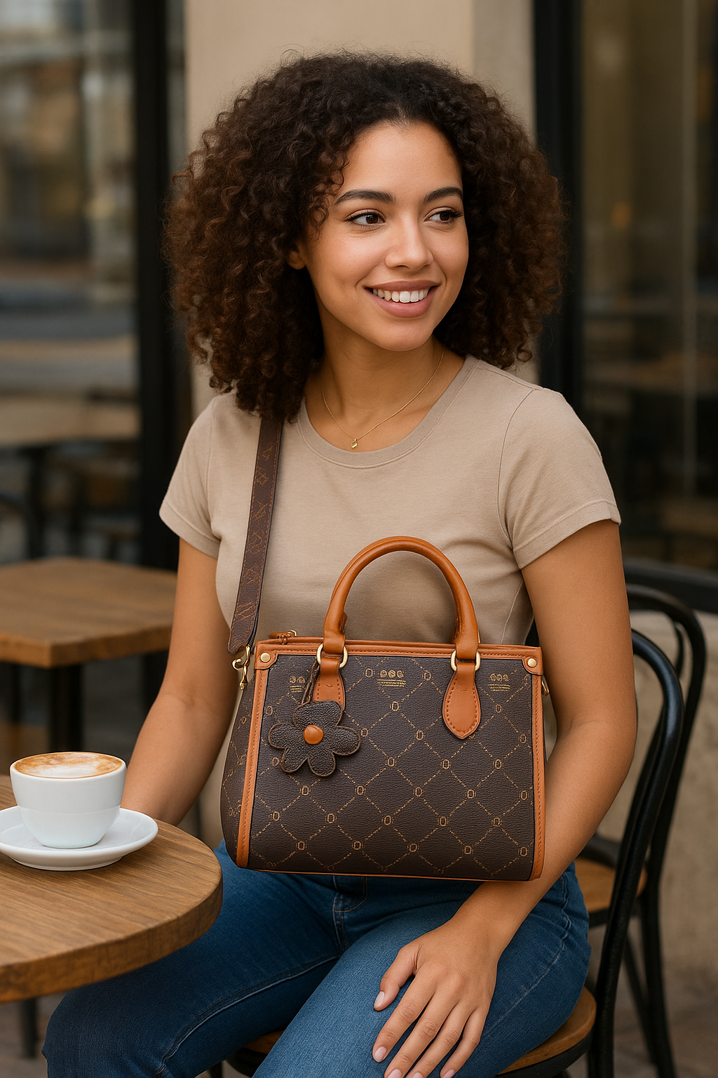 Elegant Brown Handbag with Floral Charm