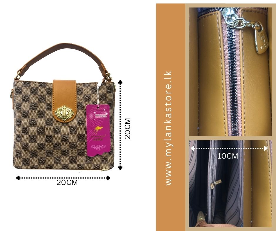 AA - Elegant Checkered Handbag for Women – Compact 20cm Crossbody/Shoulder Bag with Secure Zip & Multiple Compartments | Fashion PU Leather Purse – Brown