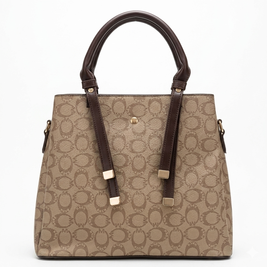 Elegant Monogram Tote Bag for Women – Beige & Brown Shoulder Handbag