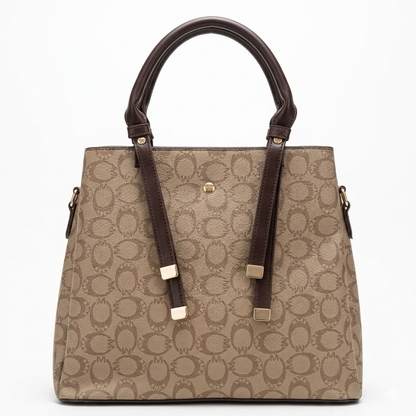 Elegant Monogram Tote Bag for Women – Beige & Brown Shoulder Handbag