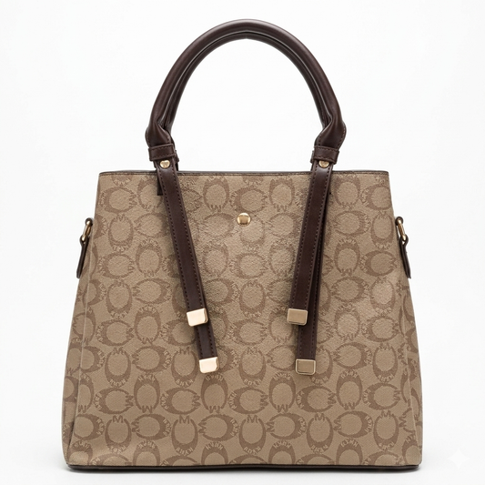 Elegant Monogram Tote Bag for Women – Beige & Brown Shoulder Handbag