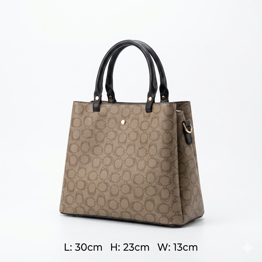 Elegant Monogram Tote Bag for Women – Beige & Brown Shoulder Handbag