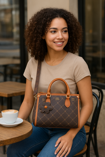 Elegant Brown Handbag with Floral Charm