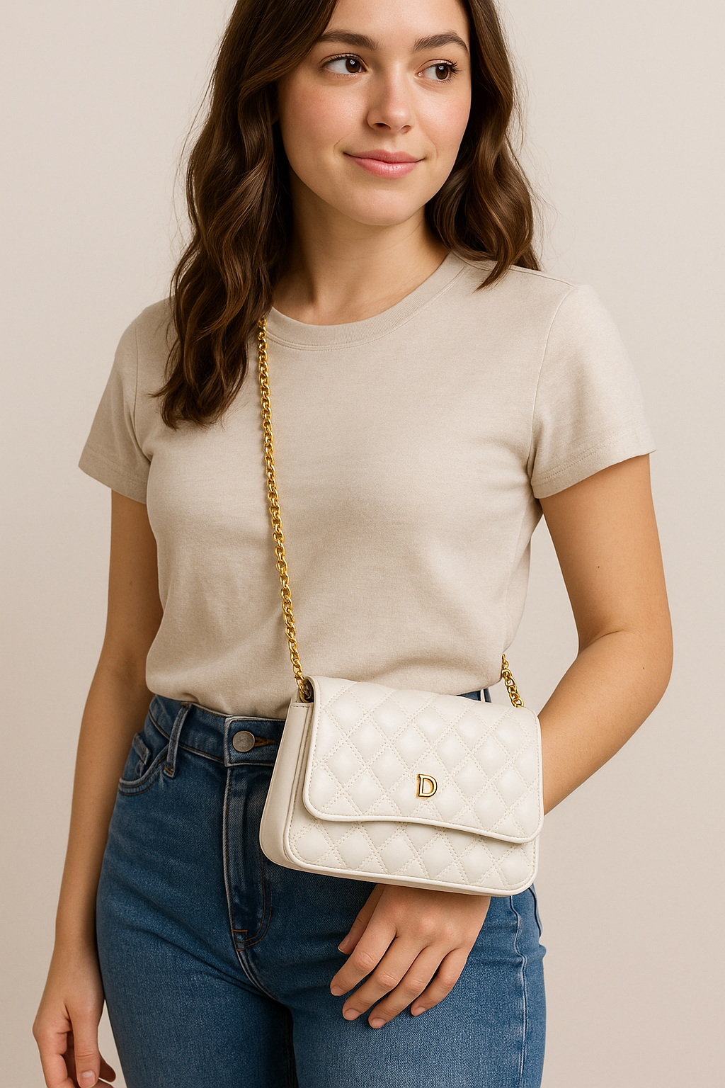 Luxury Quilted Crossbody Handbag with Gold Chain Strap – Compact & Stylish