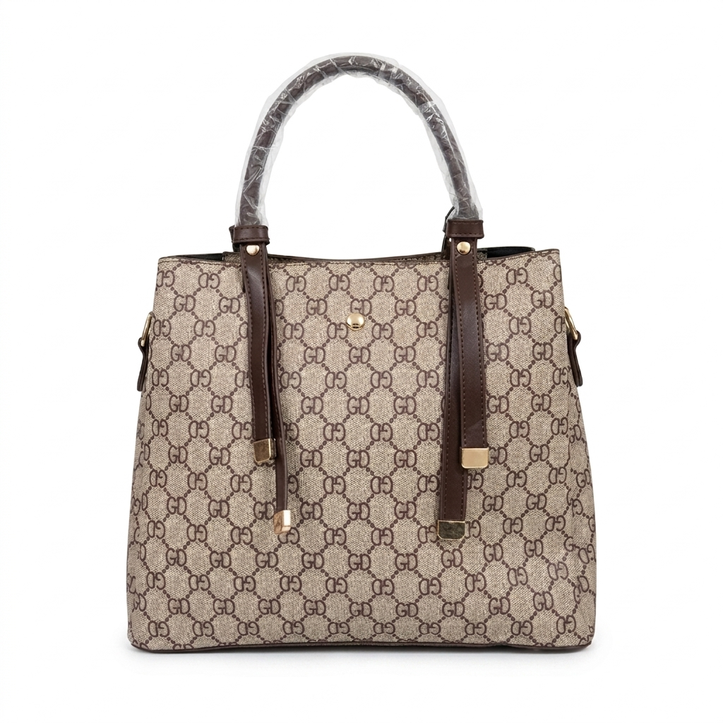 Elegant Monogram Tote Handbag for Women – Beige & Brown